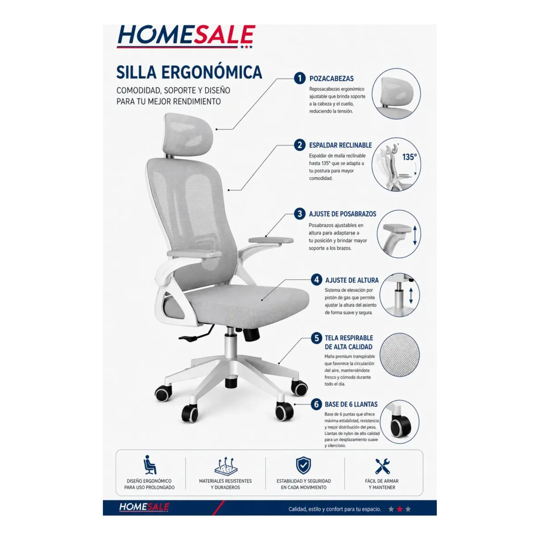 Silla Oficina Ergonomica Reclinable Ajuste Altura Posacabeza Gris Nylon / Policarbonato / Metal - Image 4
